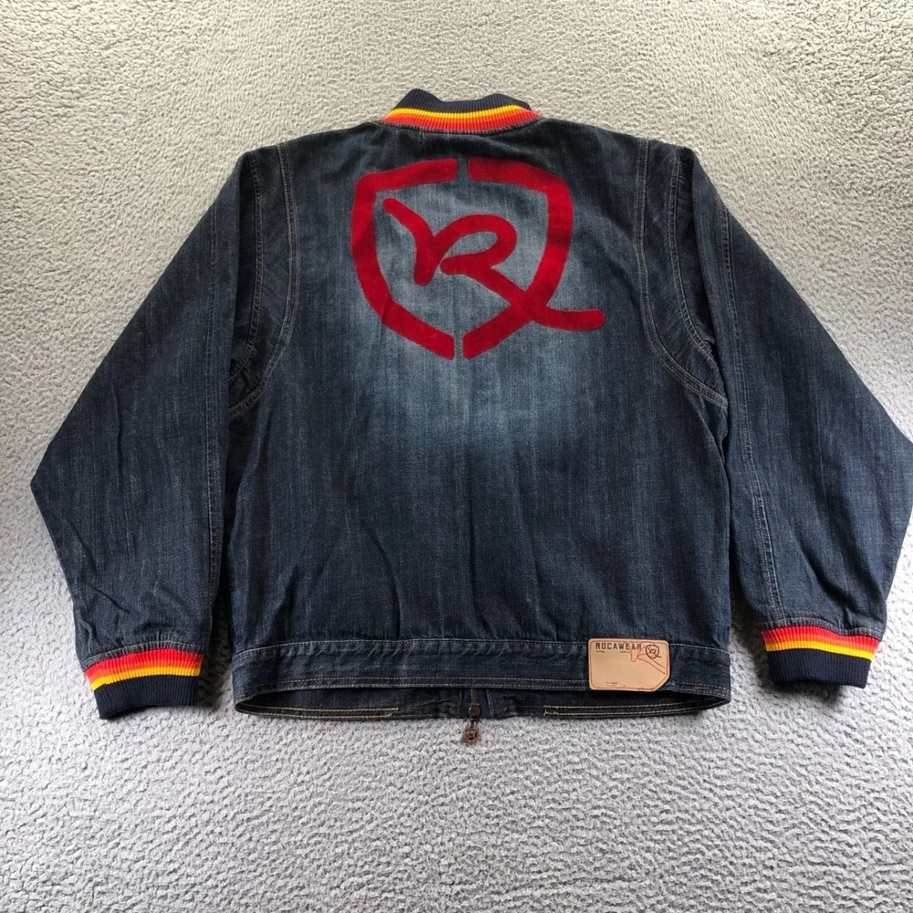 Vintage Rocawear Jacket Girls XL (18-20) Blue Denim Zip Felt Logo Y2k Hip Hop